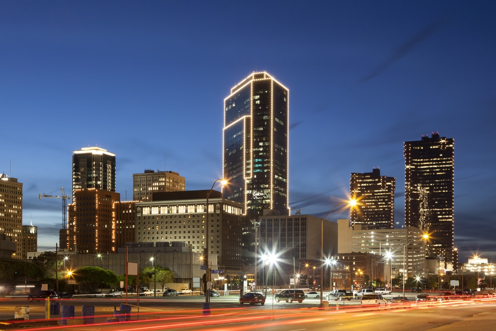 Downtown,Of,Fort,Worth,Illuminated,At,Night.,Texas,,United,States