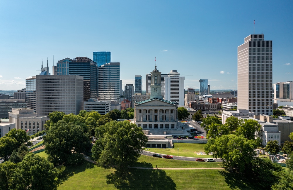 Aerial,Drone,View,Of,The,Tennessee,State,Capitol,Building,In