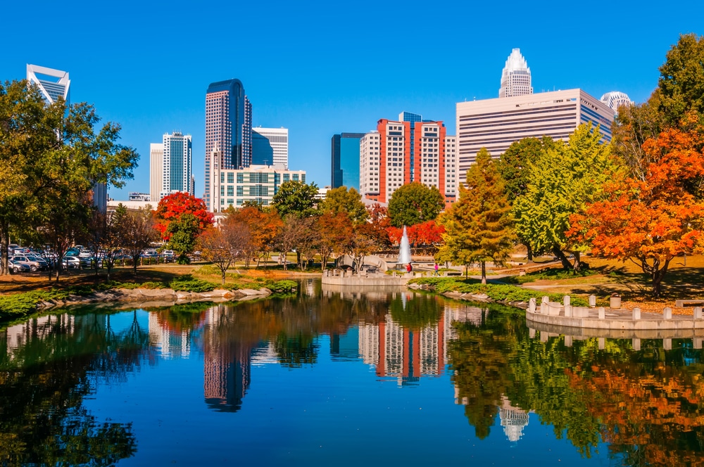 Charlotte,City,Skyline,From,Marshll,Park,Autumn,Season,With,Blue