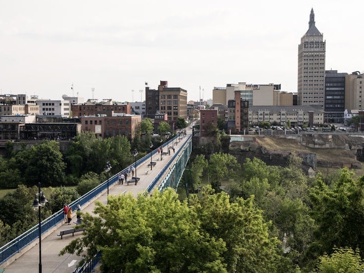 High Falls district in Rochester New York under cloudy summer skies