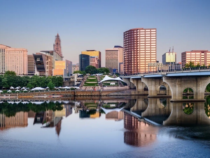 Hartford, Connecticut, USA downtown city skyline on the river.