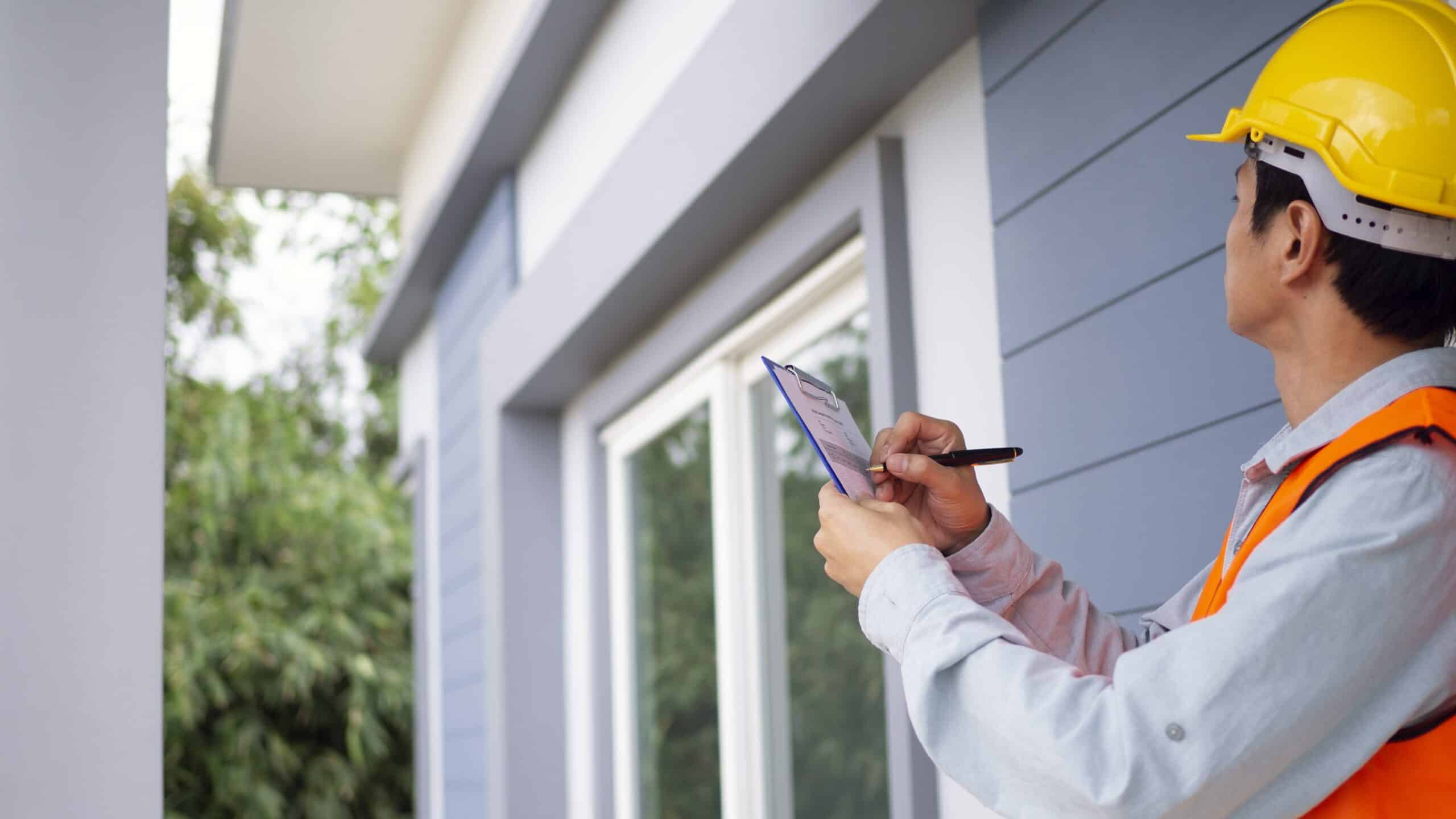 Home inspector examining home exterior, making notes
