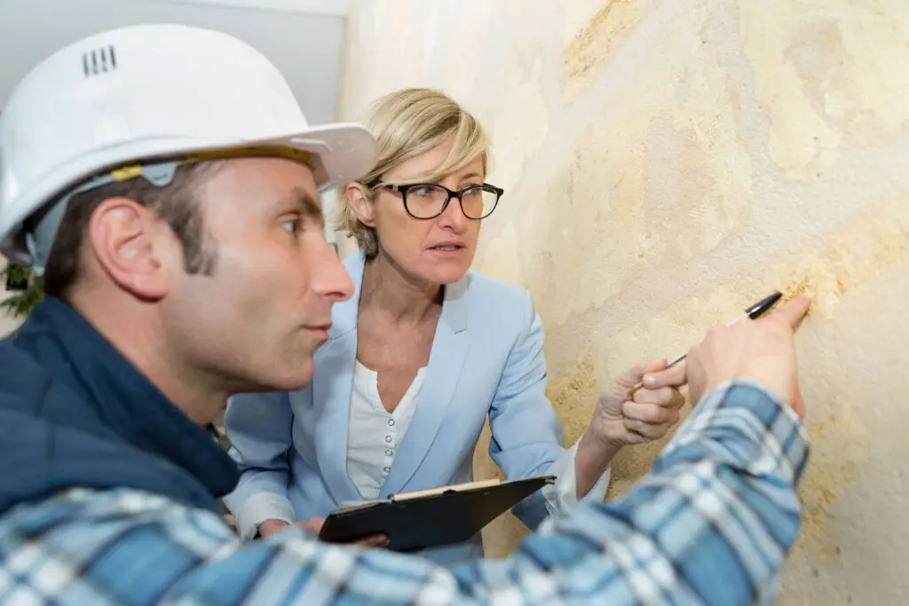 Builder-and-suited-woman-inspecting-wall