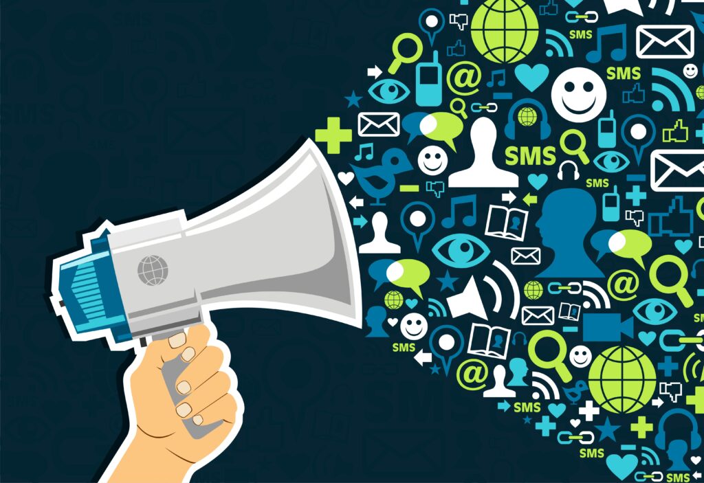 Digital illustration of megaphone emitting social media symbols
