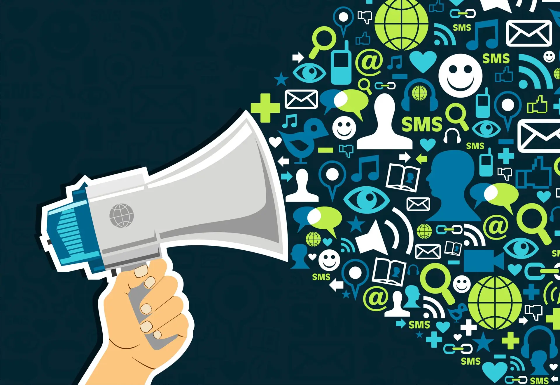 Digital illustration of megaphone emitting social media symbols