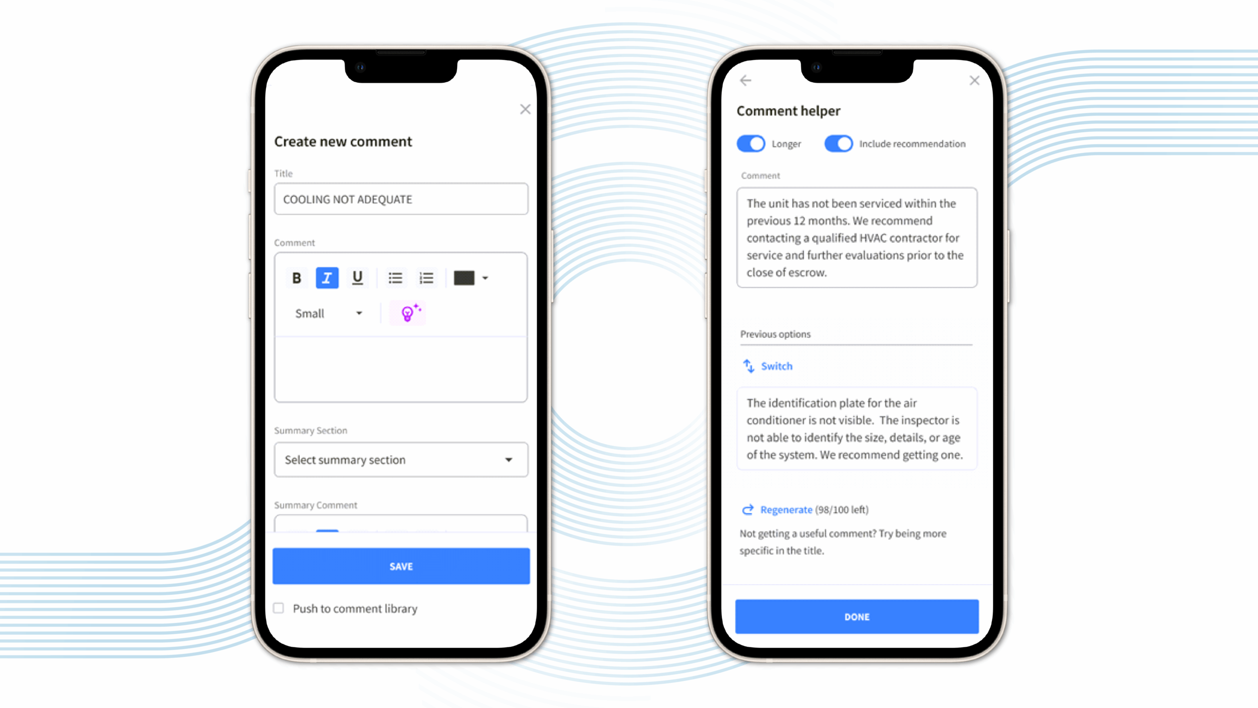AI powered images like ISN's AI Comment Helper make writing home inspection reports fast and easy
