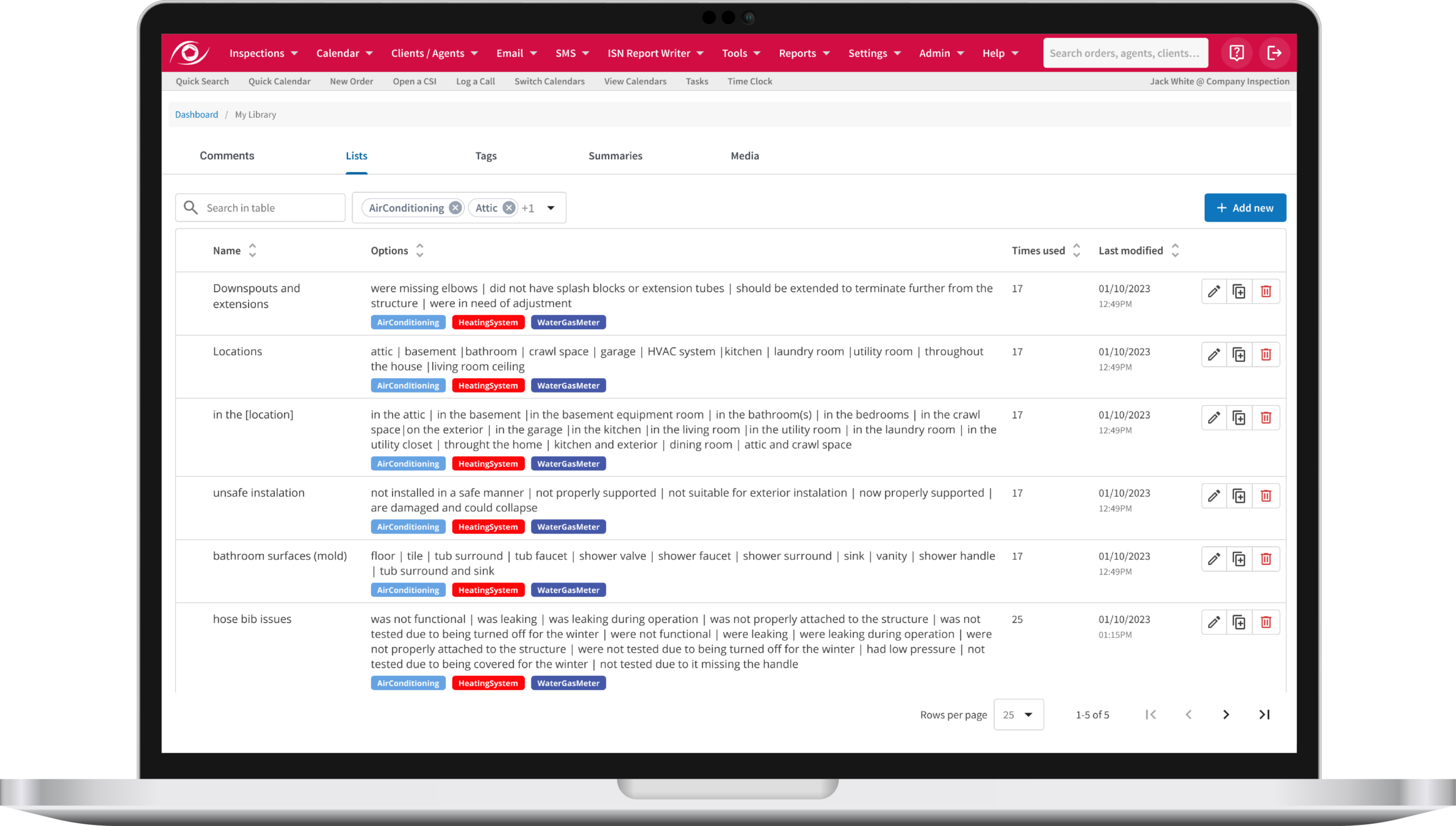 Global Lists - ISN home inspection software