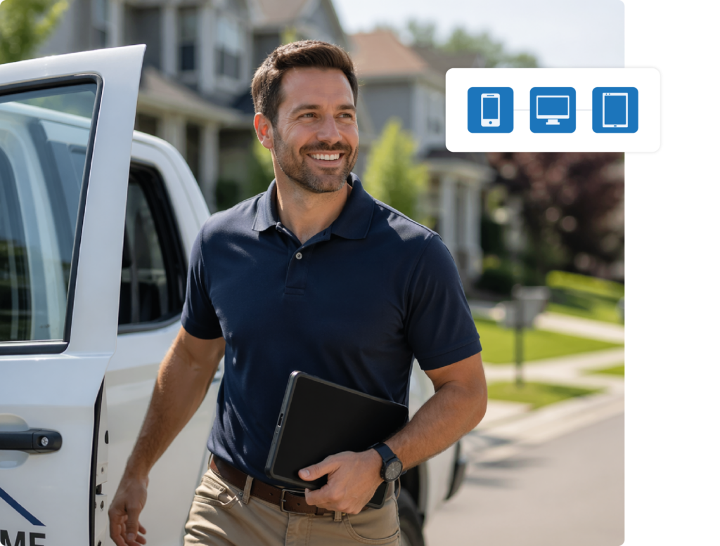Service professional with tablet by a work vehicle